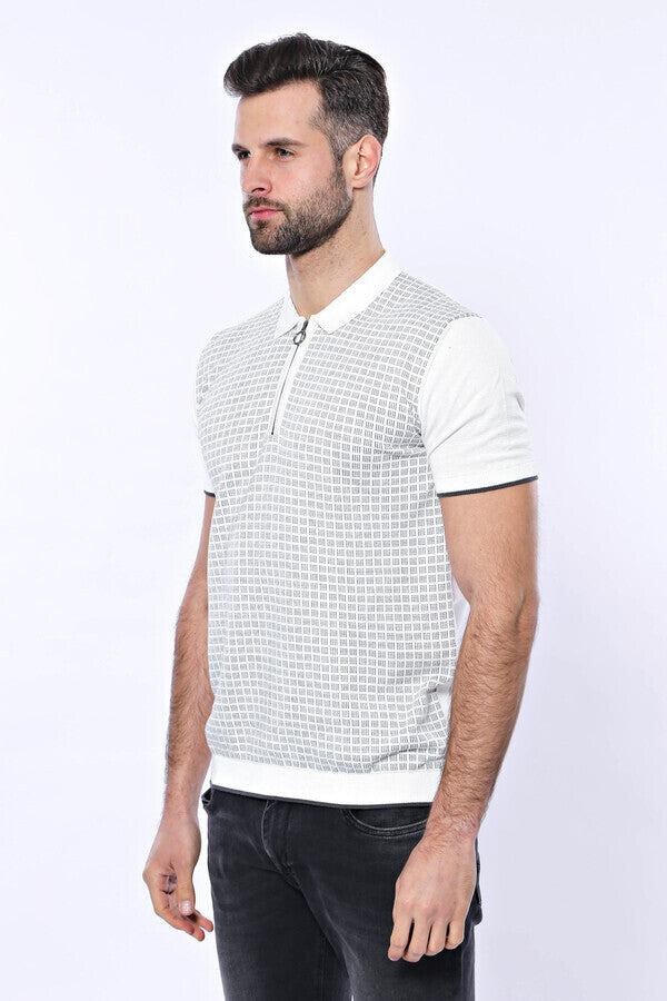 WSS Light Grey Plaid Zippered Knitted Polo T-Shirt  - Singen