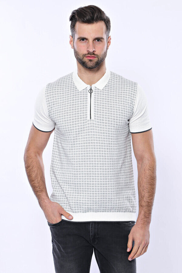 WSS Light Grey Plaid Zippered Knitted Polo T-Shirt  - Singen