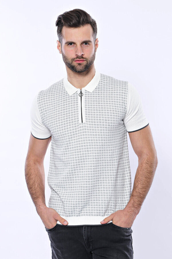 WSS Light Grey Plaid Zippered Knitted Polo T-Shirt  - Singen