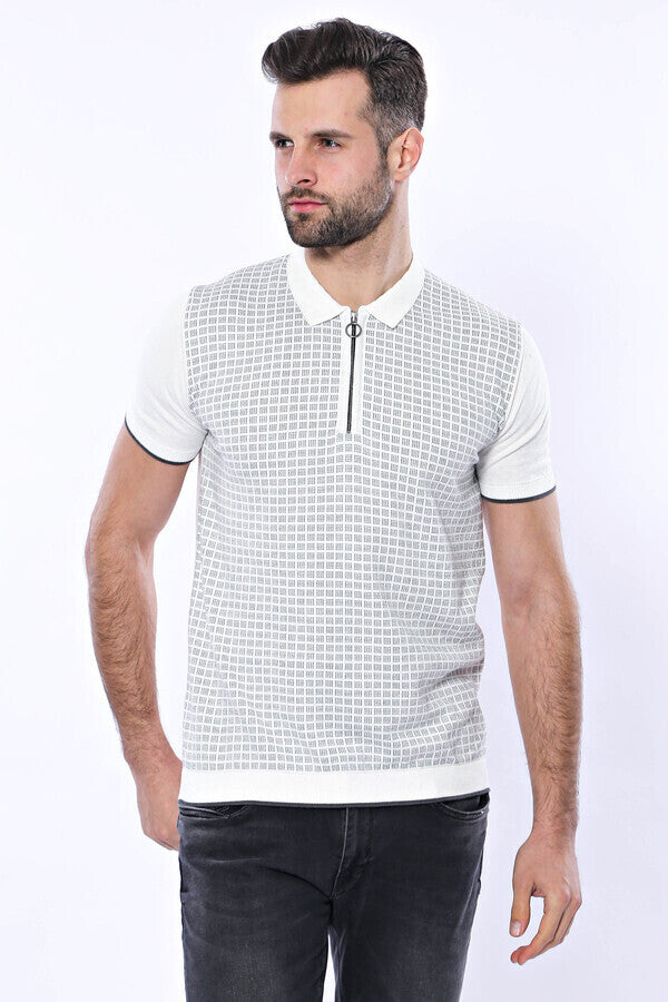 WSS Light Grey Plaid Zippered Knitted Polo T-Shirt  - Singen