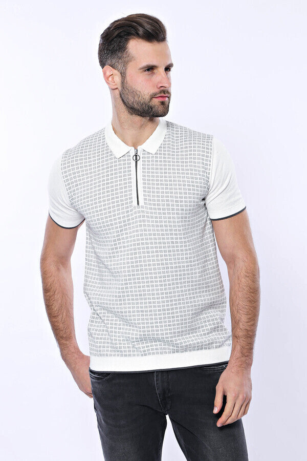 WSS Light Grey Plaid Zippered Knitted Polo T-Shirt  - Singen