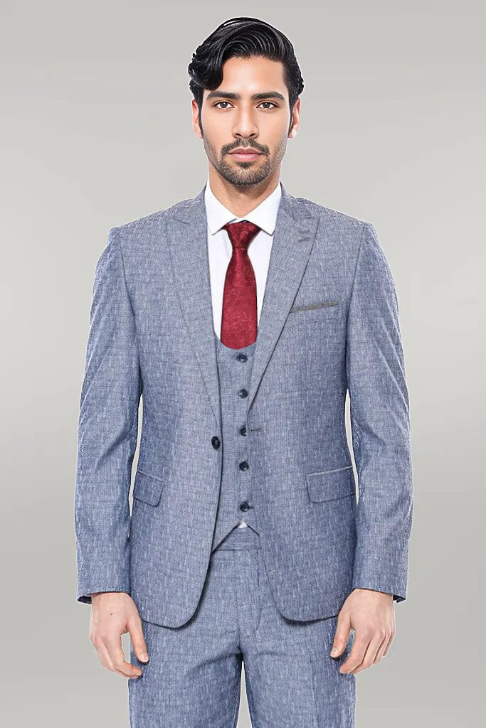 WSS Linen Touch Blue Men's 3 Piece Suit  - Singen