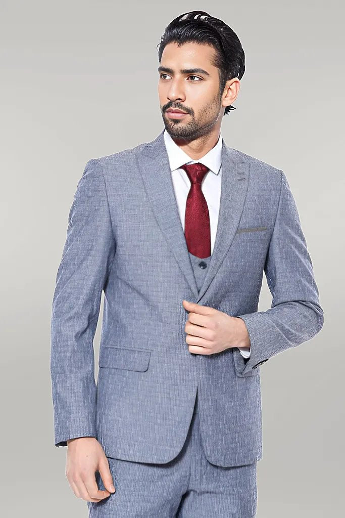 WSS Linen Touch Blue Men's 3 Piece Suit  - Singen