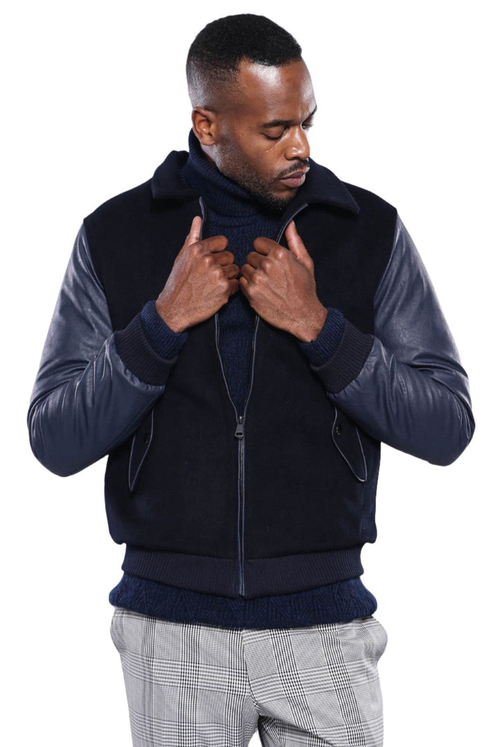 WSS Leather Sleeve Navy Blue Cachet Coat  - Singen