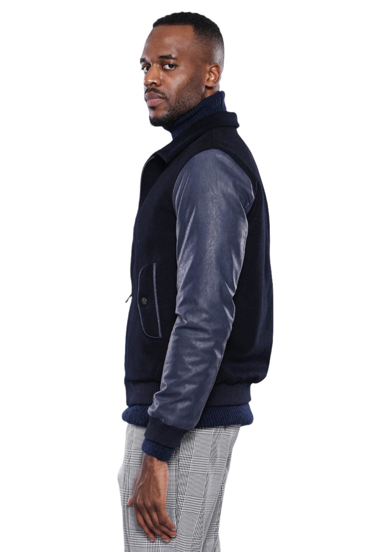 WSS Leather Sleeve Navy Blue Cachet Coat  - Singen