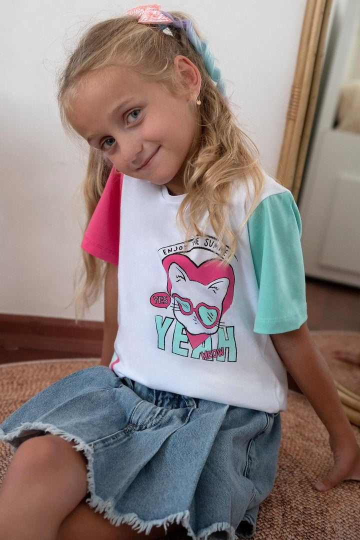 BRE Macaw Girl's T-shirt with Cat Print, 3-7 Years, White - Tlapa de Comonfort