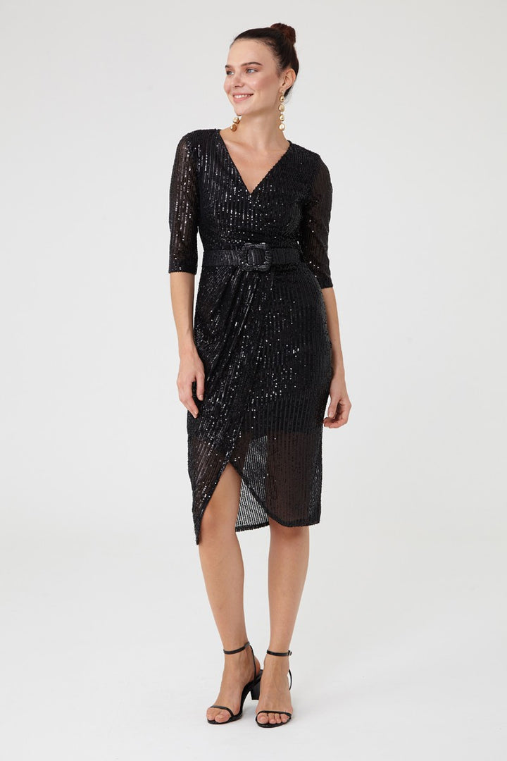 FRV Black stamp sequins sleeveless midi dress - Freehold