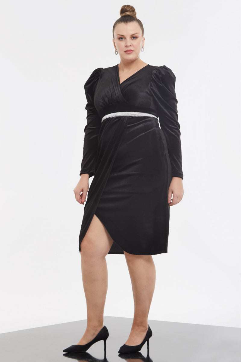 FRV Black plus size velvet long sleeve mini dress - Lipjan