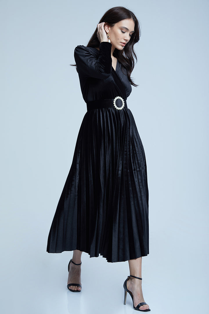 FRV Black velvet long sleeve midi dress - Beloeil