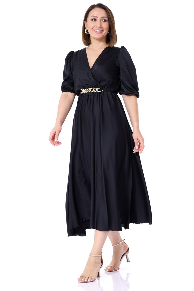 FRV Black satin short sleeve midi dress - Valle de Bravo