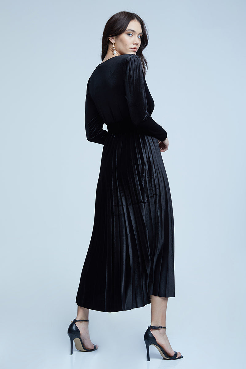 FRV Black velvet long sleeve midi dress - Beloeil