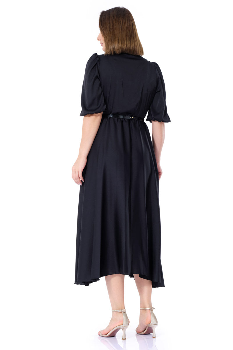 FRV Black satin short sleeve midi dress - Valle de Bravo