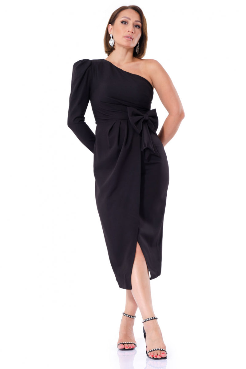 FRV Black crepe single sleeve midi dress - La Spezia