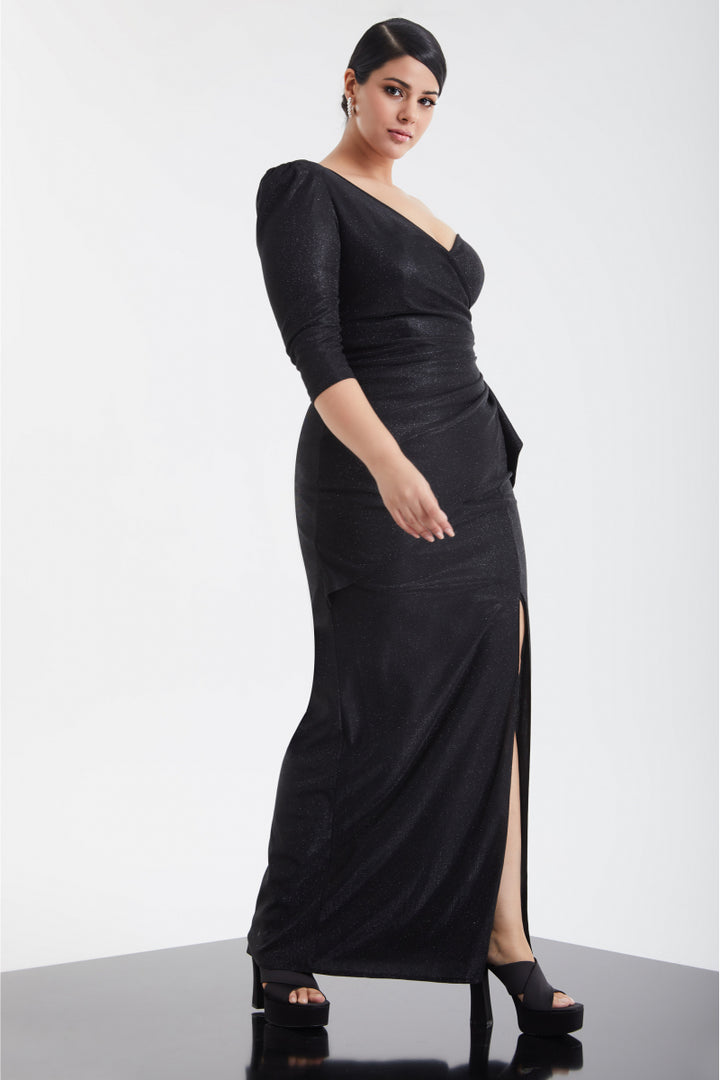 FRV Black plus size glare single sleeve maxi dress - Podujevë