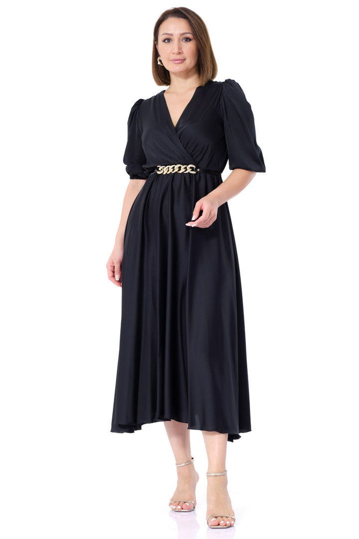 FRV Black satin short sleeve midi dress - Valle de Bravo