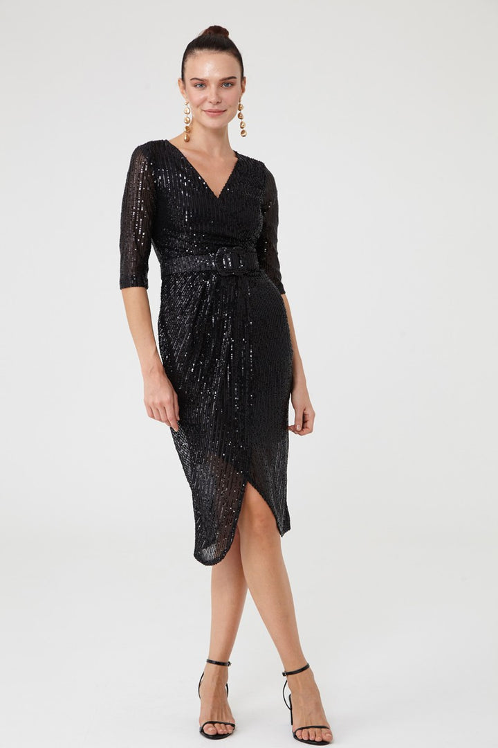 FRV Black stamp sequins sleeveless midi dress - Freehold