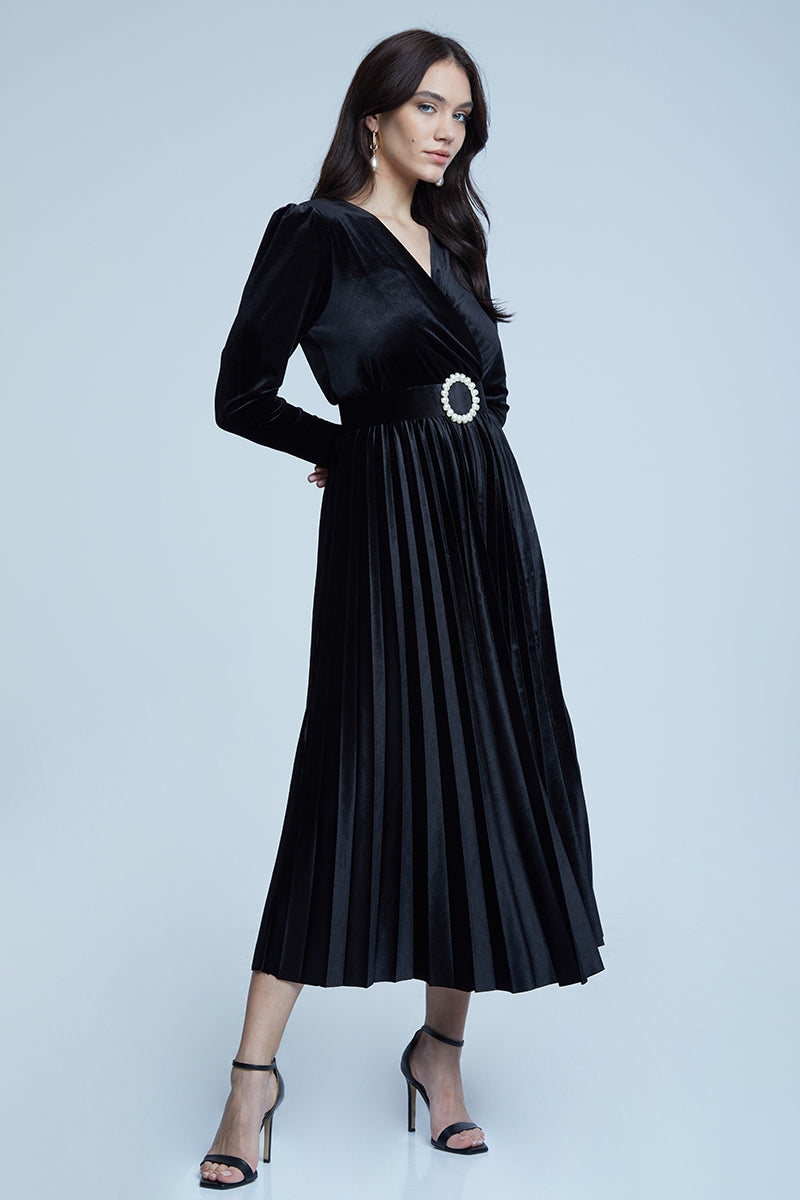 FRV Black velvet long sleeve midi dress - Beloeil