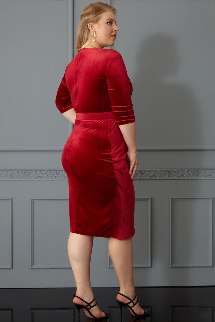 FRV Red plus size velvet 3/4 sleeve midi dress - Baia Mare