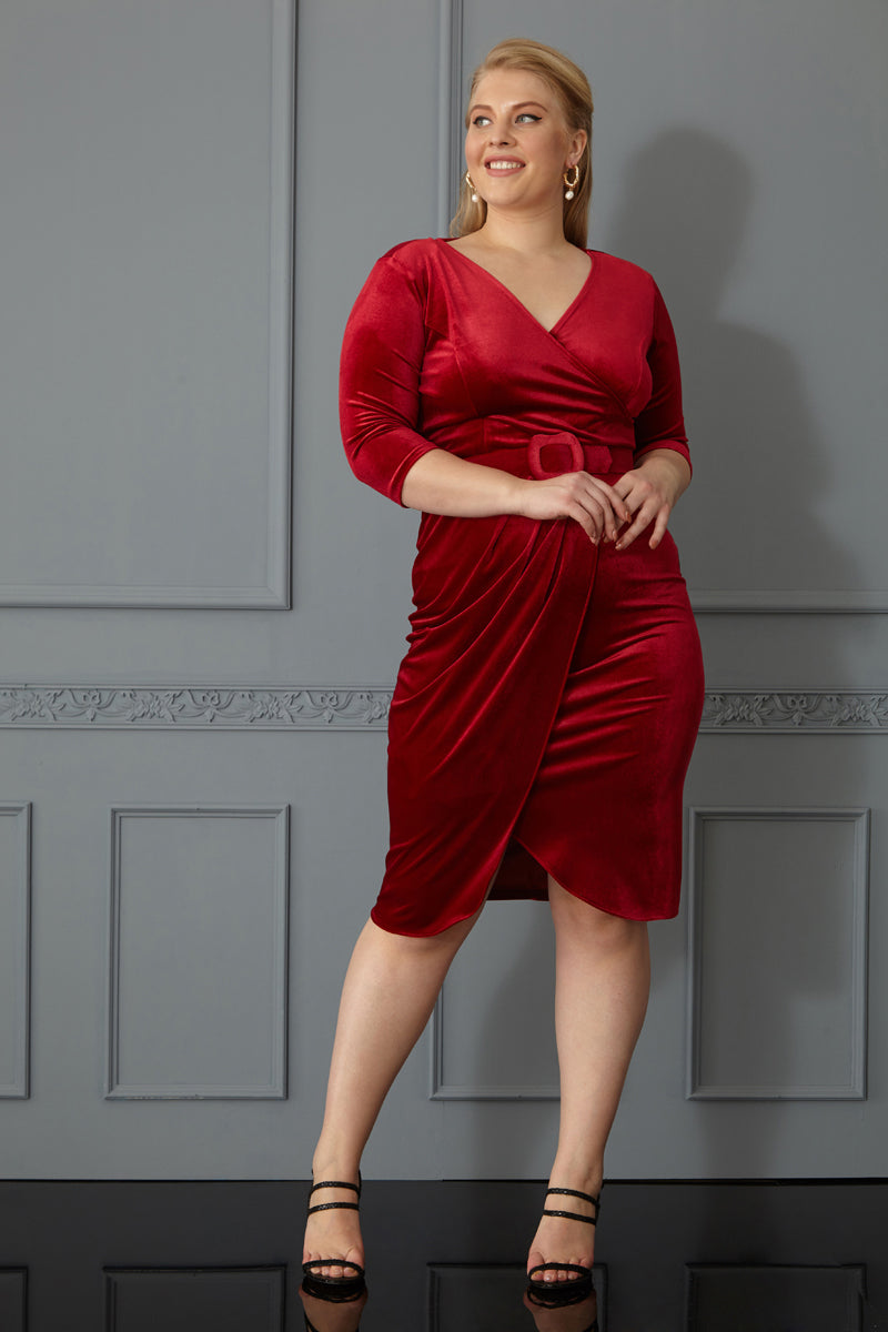 FRV Red plus size velvet 3/4 sleeve midi dress - Baia Mare