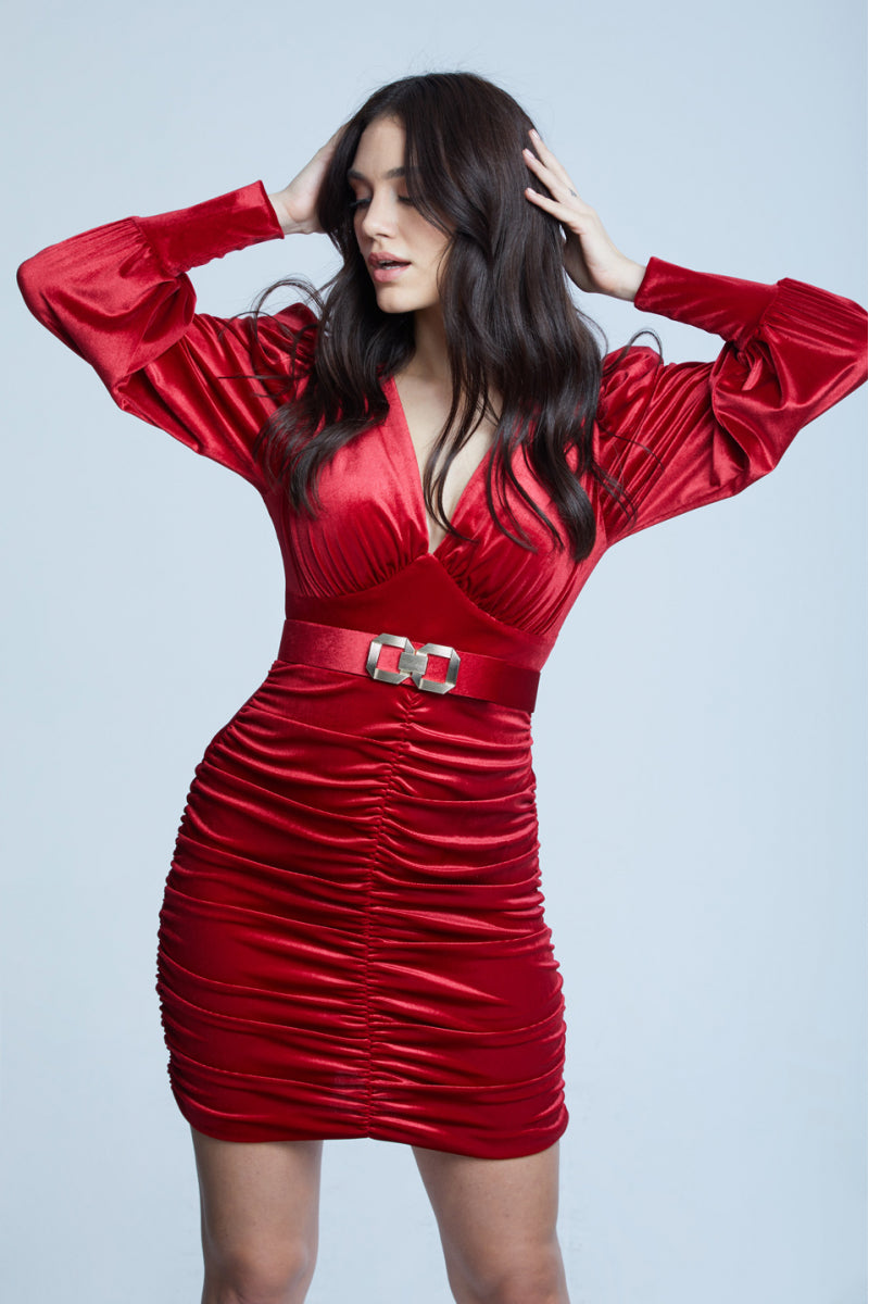 FRV Red velvet long sleeve mini dress - Paris