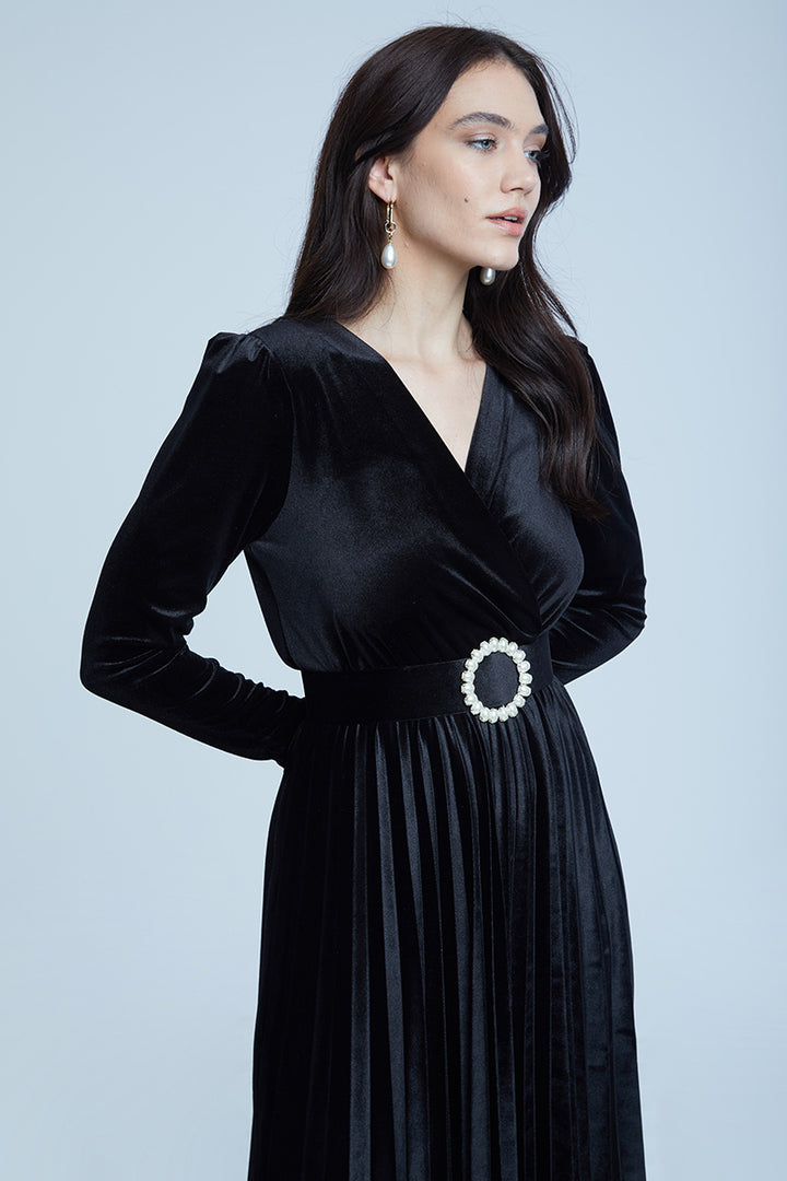 FRV Black velvet long sleeve midi dress - Beloeil