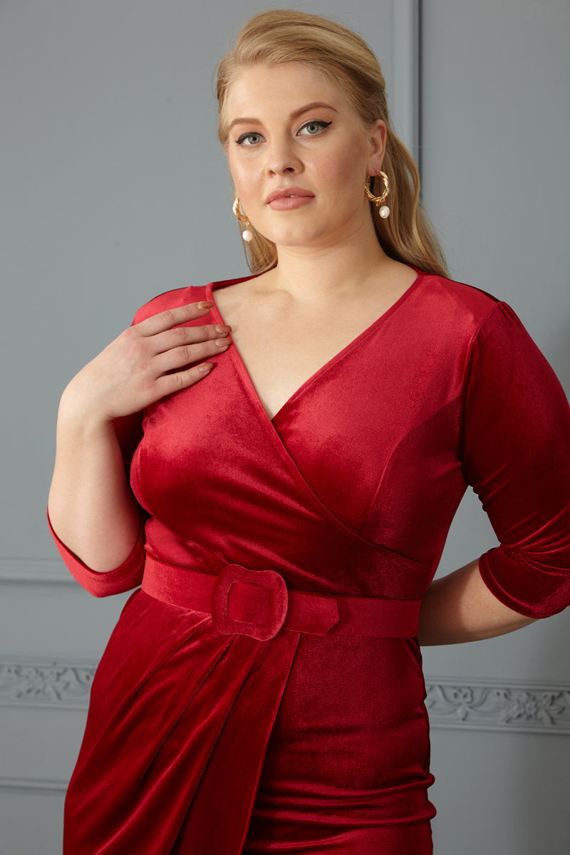 FRV Red plus size velvet 3/4 sleeve midi dress - Baia Mare