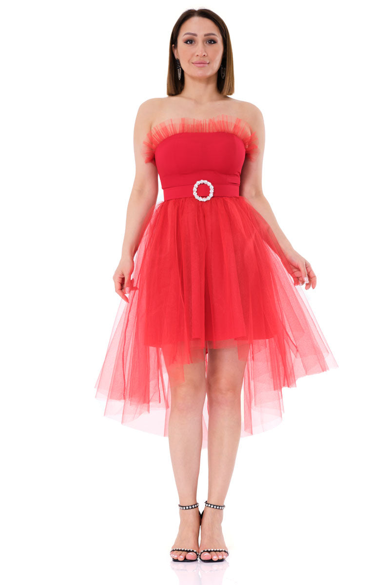 FRV Red tulle strapless midi dress - Alcira