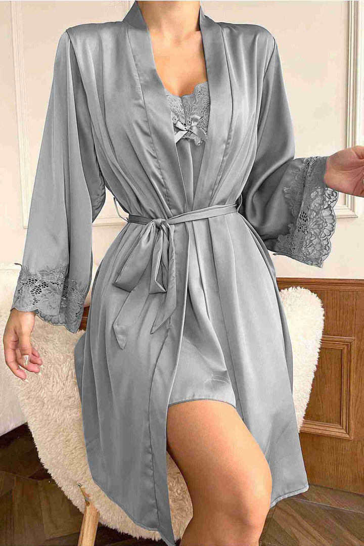 IGR Women Merry See Satin Nightgown and Robe Set with Lace Embroidery in Gray - Atascocita