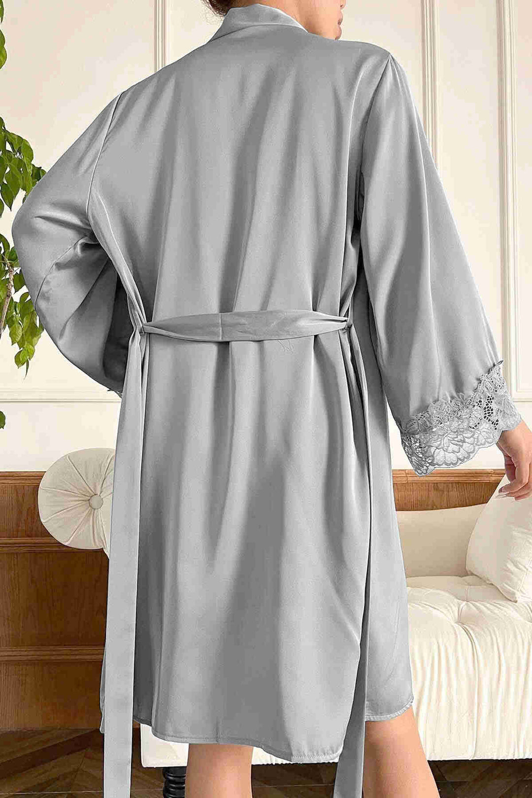 IGR Women Merry See Satin Nightgown and Robe Set with Lace Embroidery in Gray - Atascocita