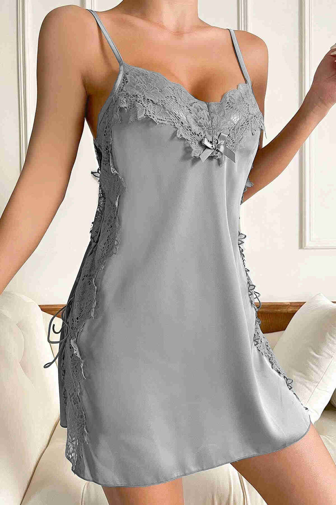 IGR Women Merry See Satin Nightgown and Robe Set with Lace Embroidery in Gray - Atascocita