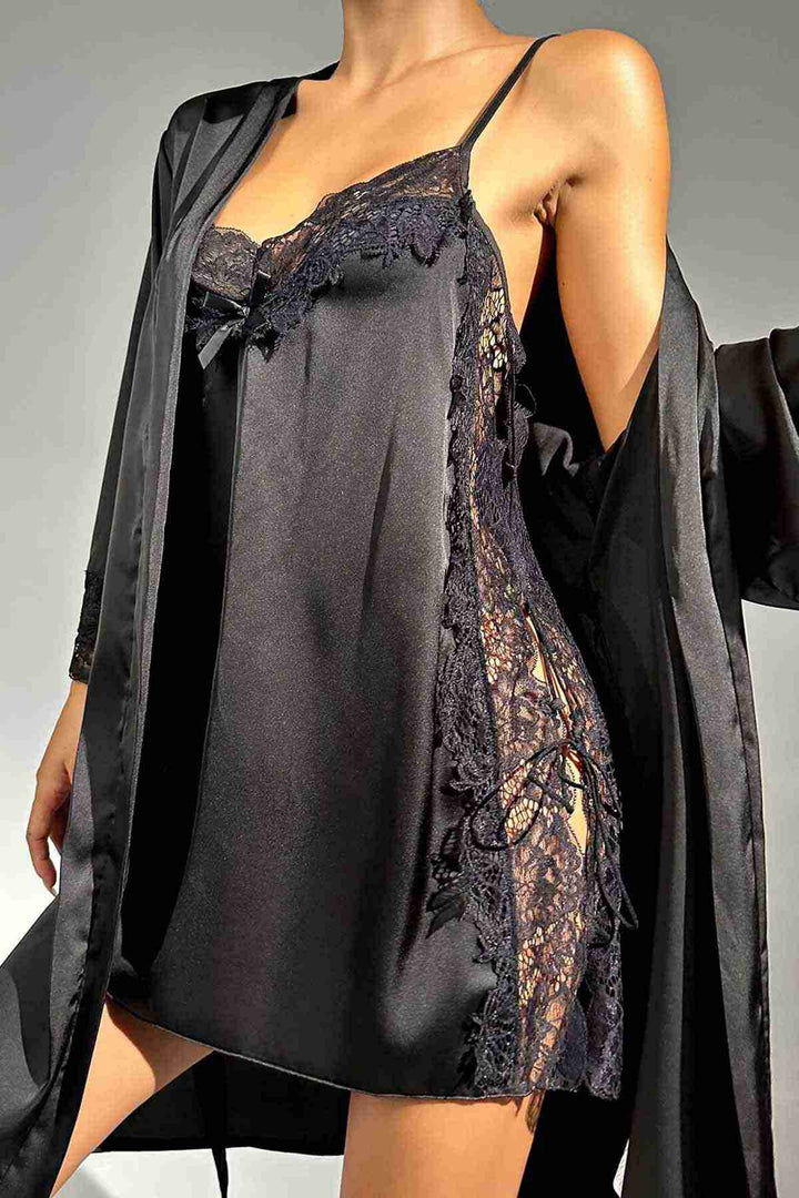 IGR Women Merry See Satin Nightgown and Robe Set with Lace Detail in Black - Acapulco de Juárez