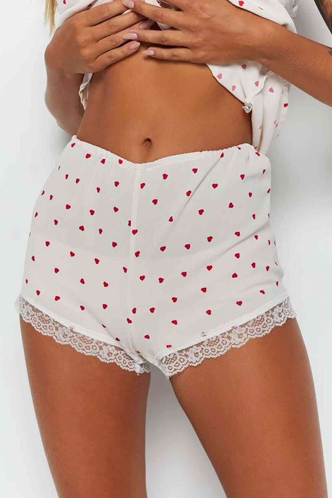 Женщины IGR Merry See Lace -Cremmed Shart Shorts Shorts Pajama Set White - Merthyr Tudful