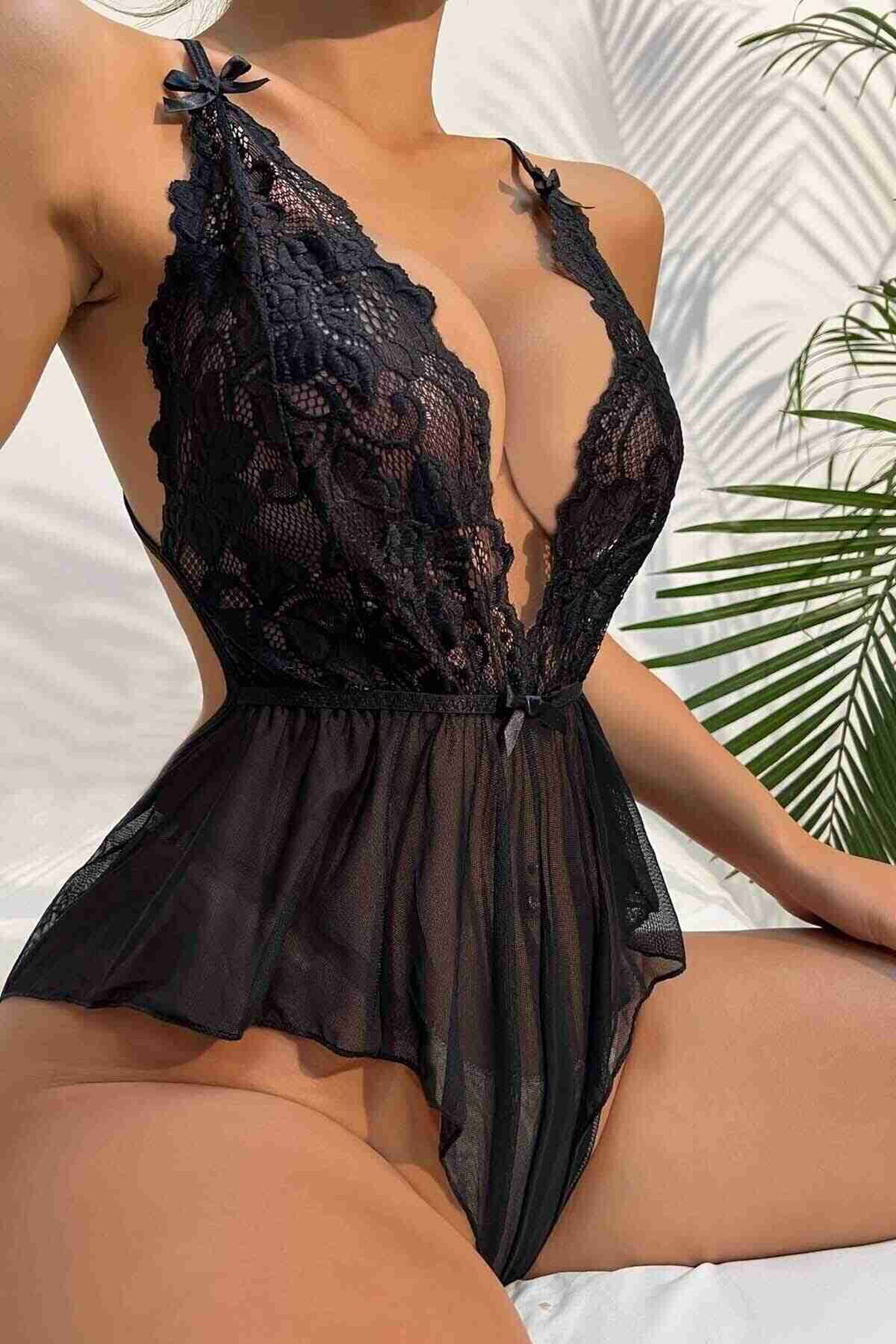 IGR Women Merry See Lace Nightgown Babydoll Bodysuit Black - Oleiros