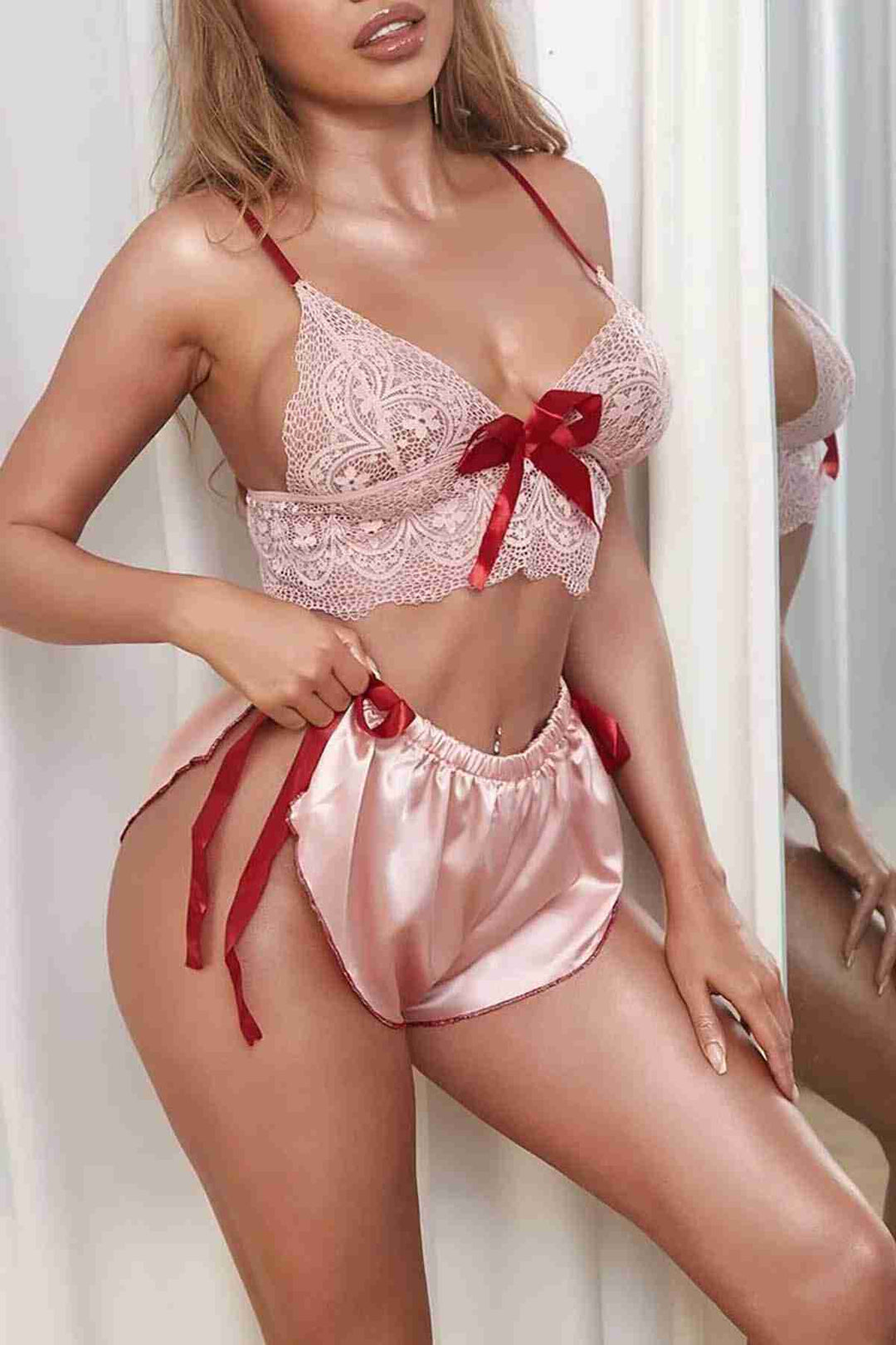 IGR Women Merry See Lace Satin Shorts Set Pink - Huntington