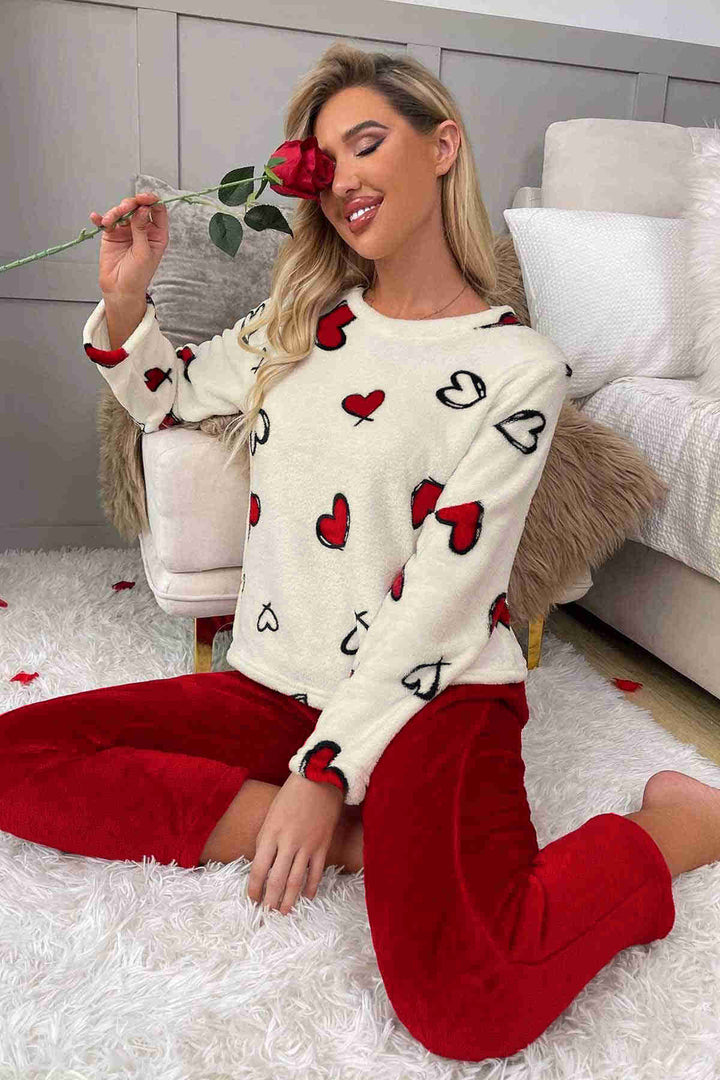 IGR Women Merry Sea Heart Printed Plush Polar Top and Bottom Long Sleeve Pajama Set Multi-colored - Valdemoro