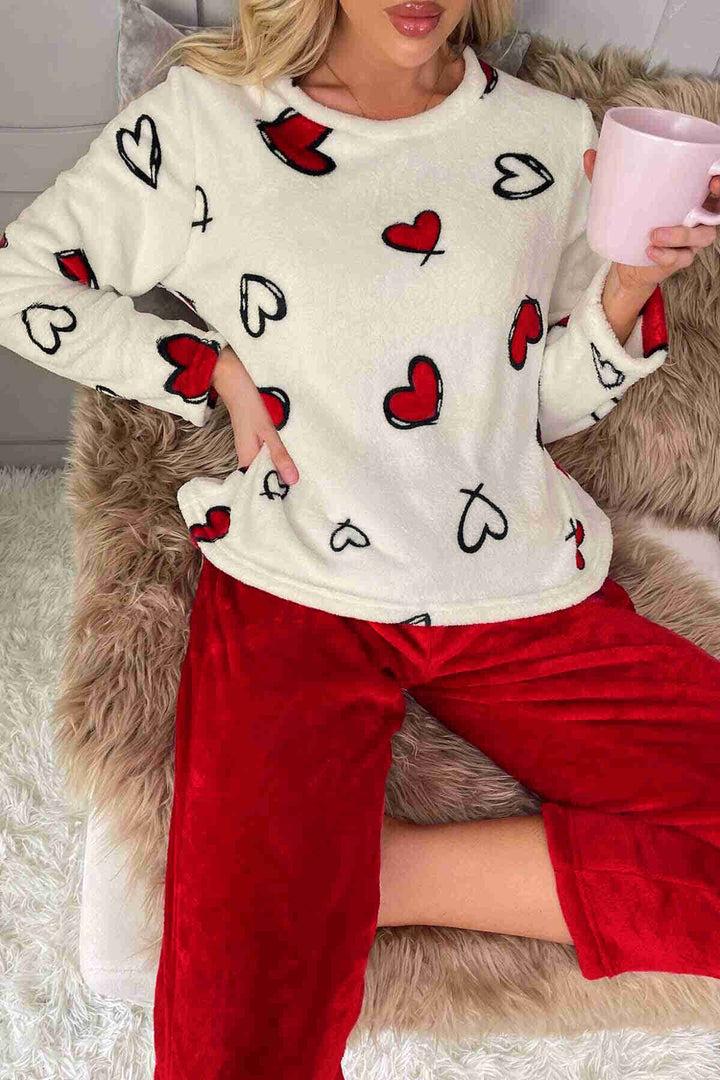 IGR Women Merry Sea Heart Printed Plush Polar Top and Bottom Long Sleeve Pajama Set Multi-colored - Valdemoro