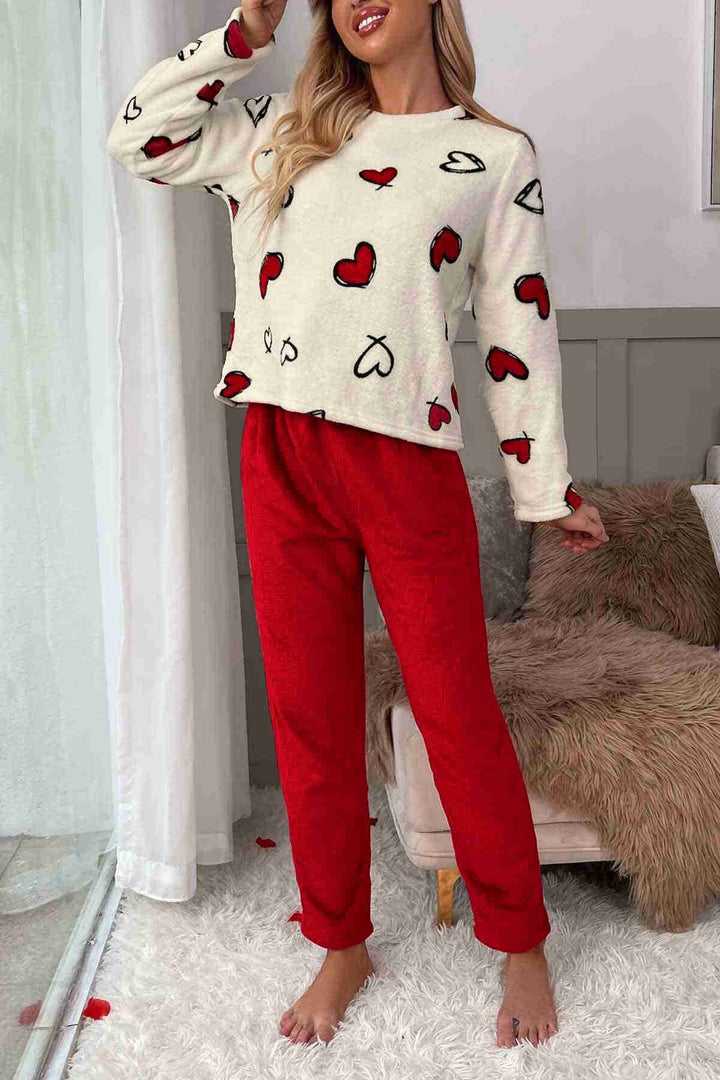 IGR Women Merry Sea Heart Printed Plush Polar Top and Bottom Long Sleeve Pajama Set Multi-colored - Valdemoro