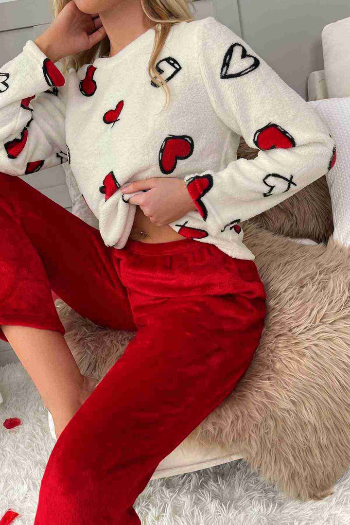 IGR Women Merry Sea Heart Printed Plush Polar Top and Bottom Long Sleeve Pajama Set Multi-colored - Valdemoro