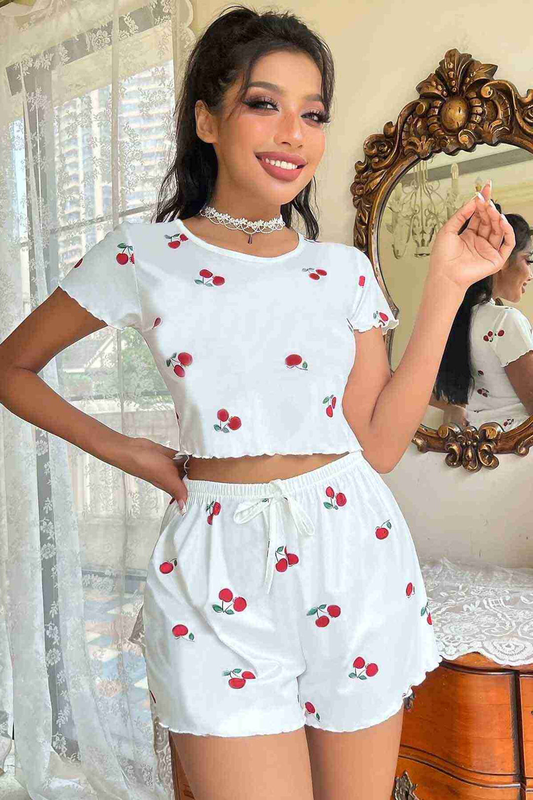 IGR Women Merry Sea Knitted Soft Short Sleeve Cherry Printed Shorts Pajama Set White - Bridgeport