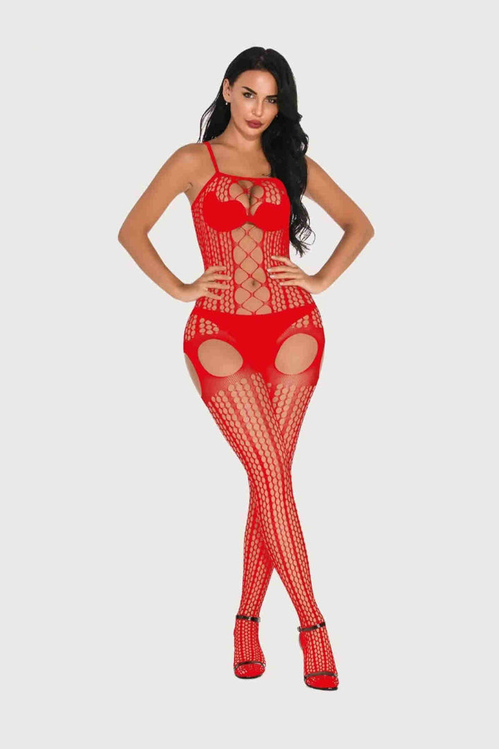 IGR Women Merry See Special Zone Open Garter-Look Fishnet Bodystocking Red - College Station