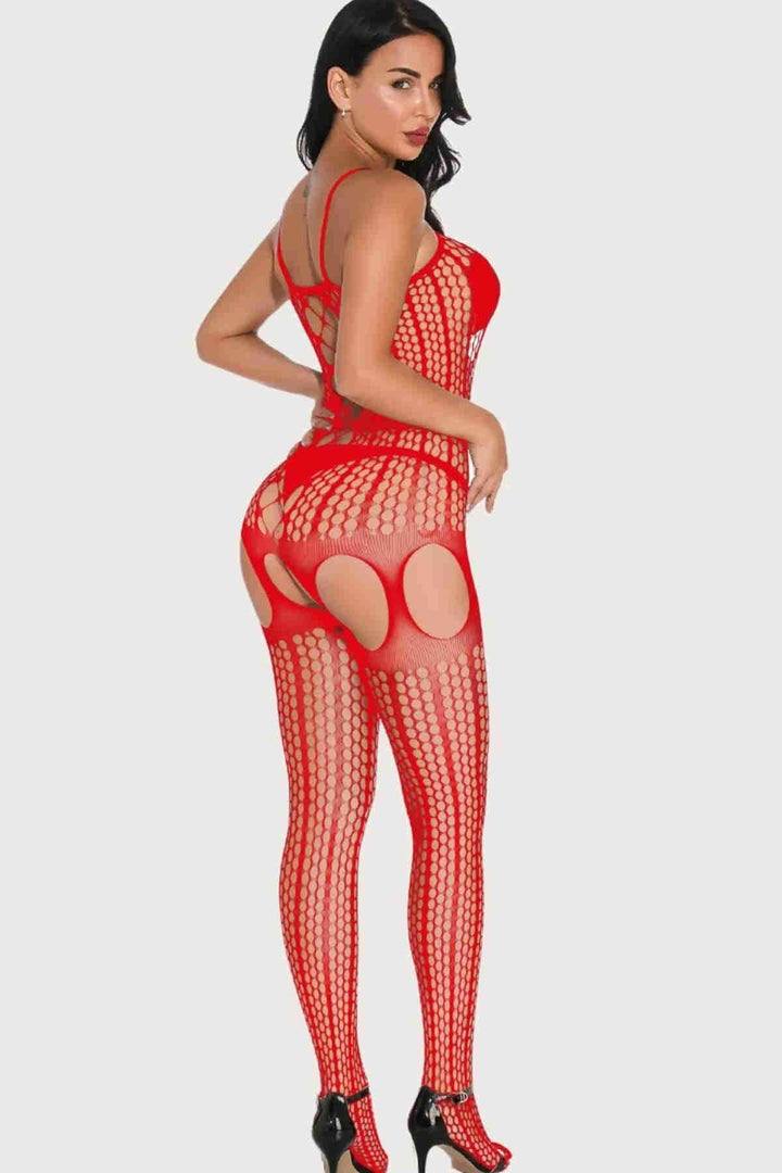 IGR Women Merry See Special Zone Open Garter-Look Fishnet Bodystocking Red - College Station