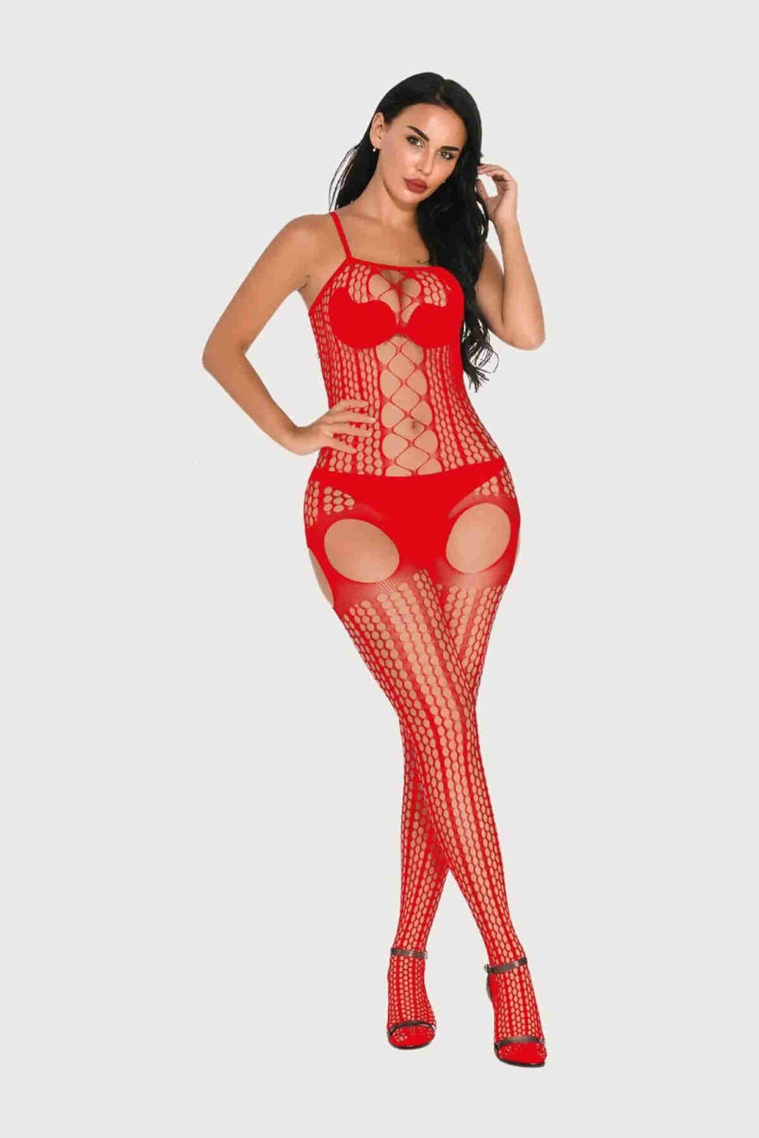 IGR Women Merry See Special Zone Open Garter-Look Fishnet Bodystocking Red - College Station