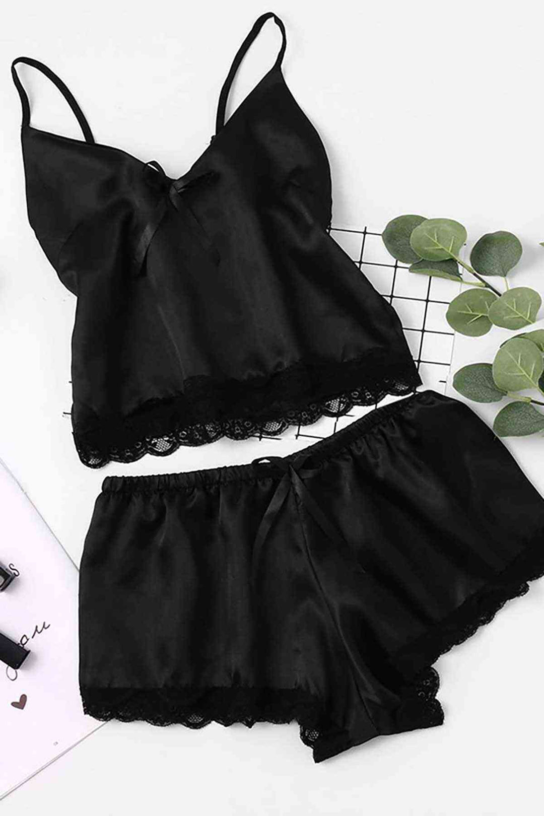 IGR Women Merry See Satin Lace Shorts Pajama Set Black - Caguas