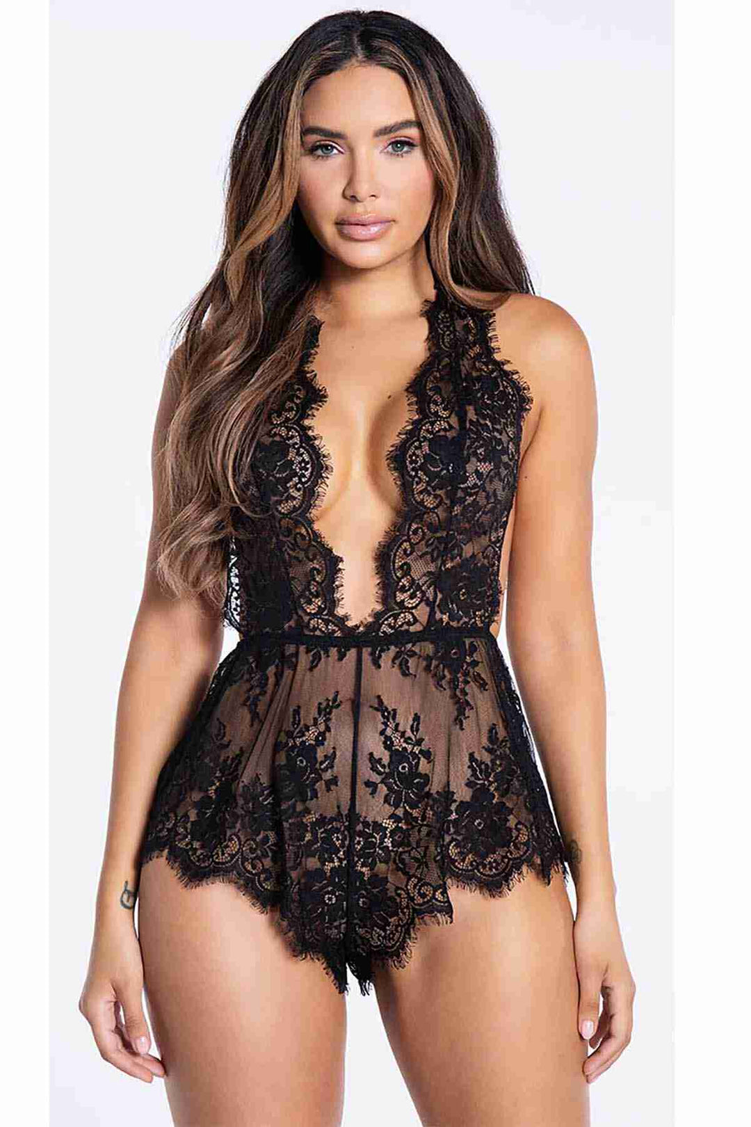 IGR Women Merry See Chic Lace Nightgown Babydoll Bodysuit Jumpsuit Black - Wellington