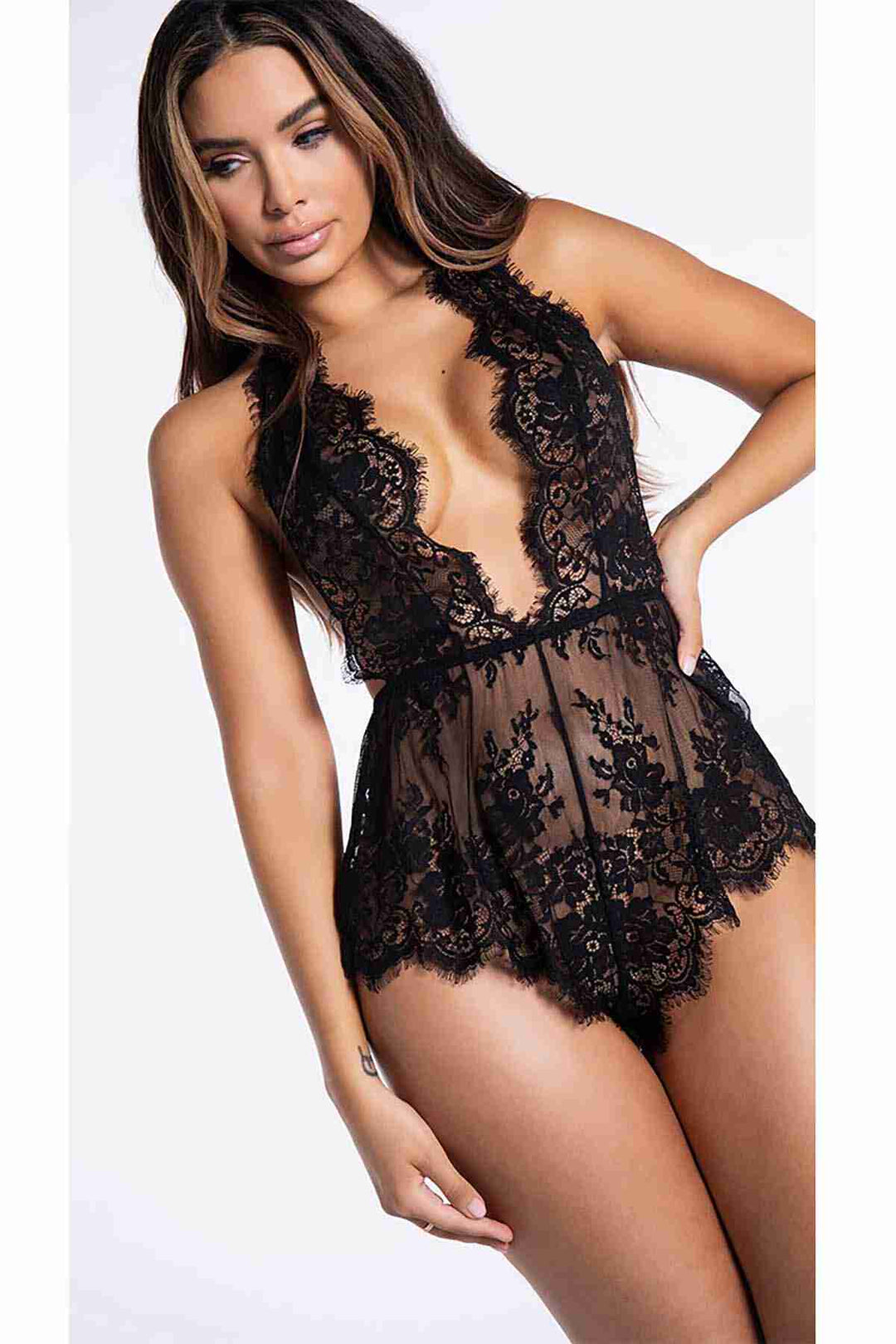 IGR Women Merry See Chic Lace Nightgown Babydoll Bodysuit Jumpsuit Black - Wellington