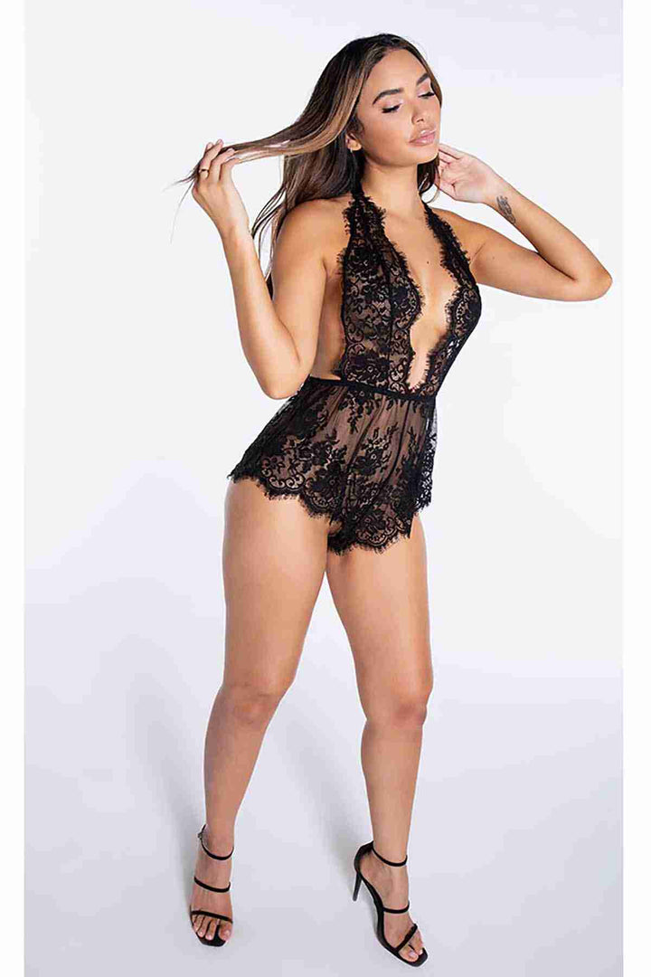 IGR Women Merry See Chic Lace Nightgown Babydoll Bodysuit Jumpsuit Black - Wellington