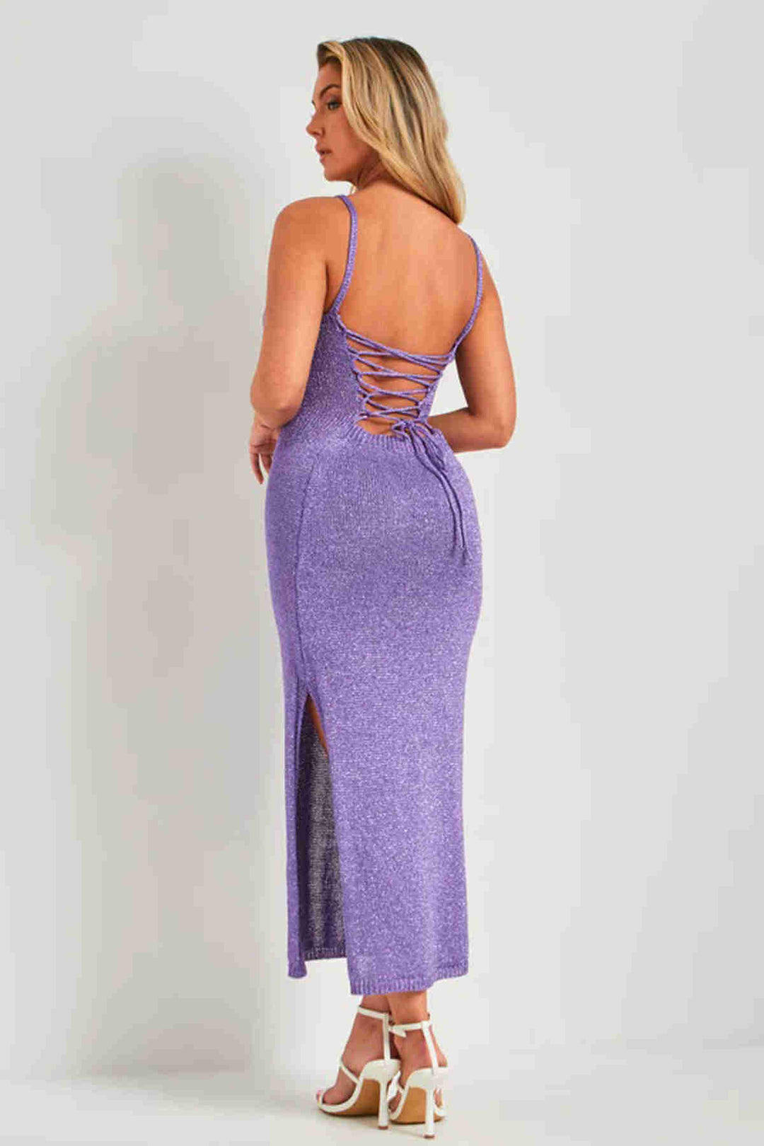 Женщины IGR Merry видят без спины галстук Bodycon Midi вязаное платье Purple - Antequera