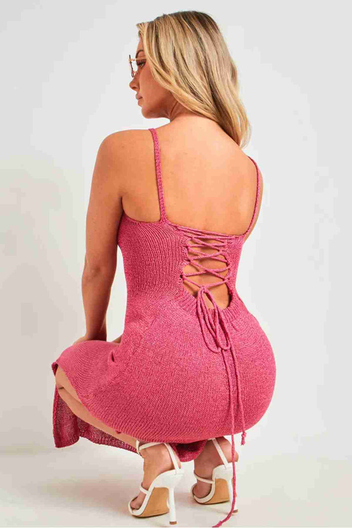 IGR Women Merry See Backless Tie Waist Bodycon Midi Knitted Dress Pink - Ciudad Madero