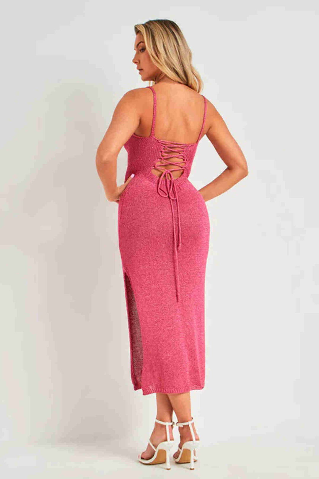 IGR Women Merry See Backless Tie Waist Bodycon Midi Knitted Dress Pink - Ciudad Madero