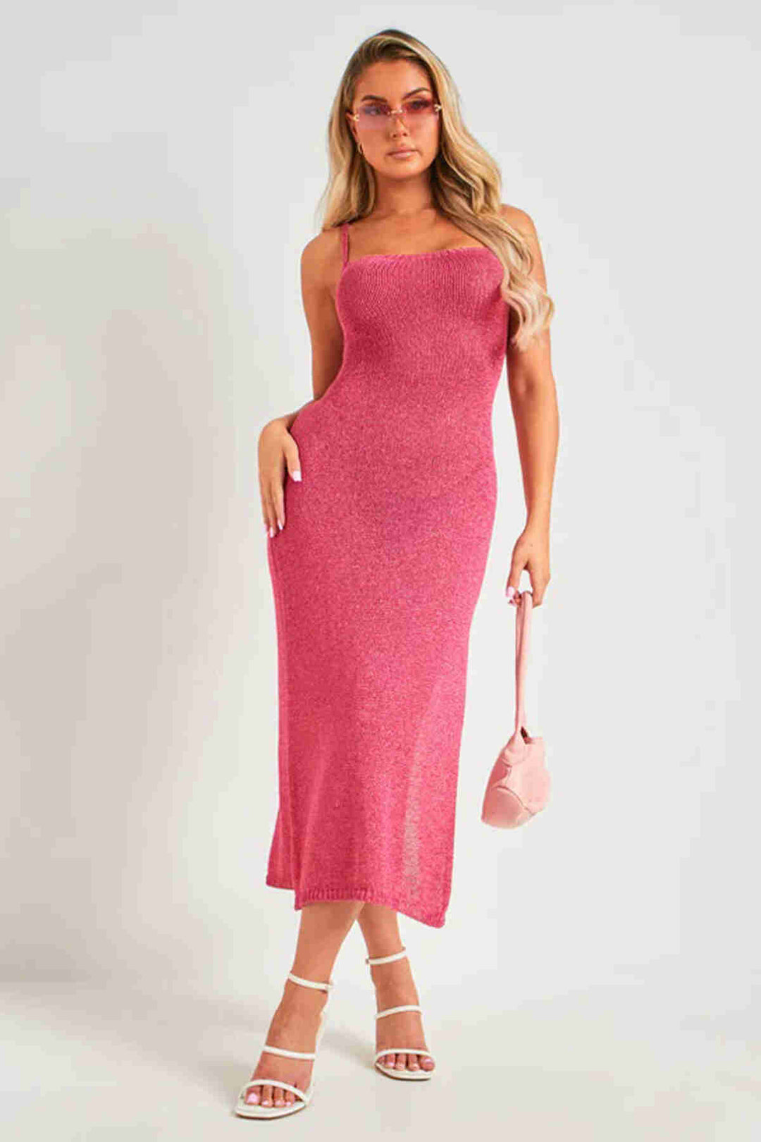 IGR Women Merry See Backless Tie Waist Bodycon Midi Knitted Dress Pink - Ciudad Madero